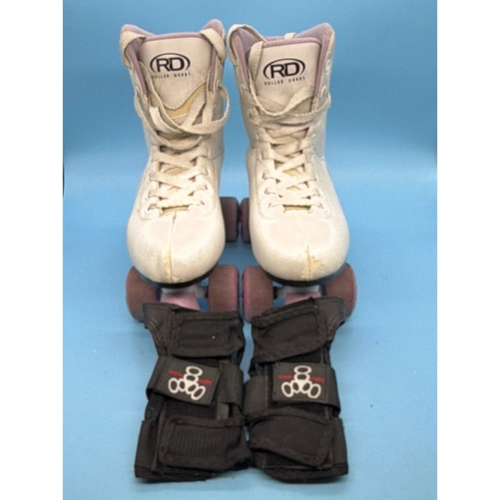 Roller Derby Roller Star 600 White Quad Roller Skates Size 8 Bonus Hand Guards